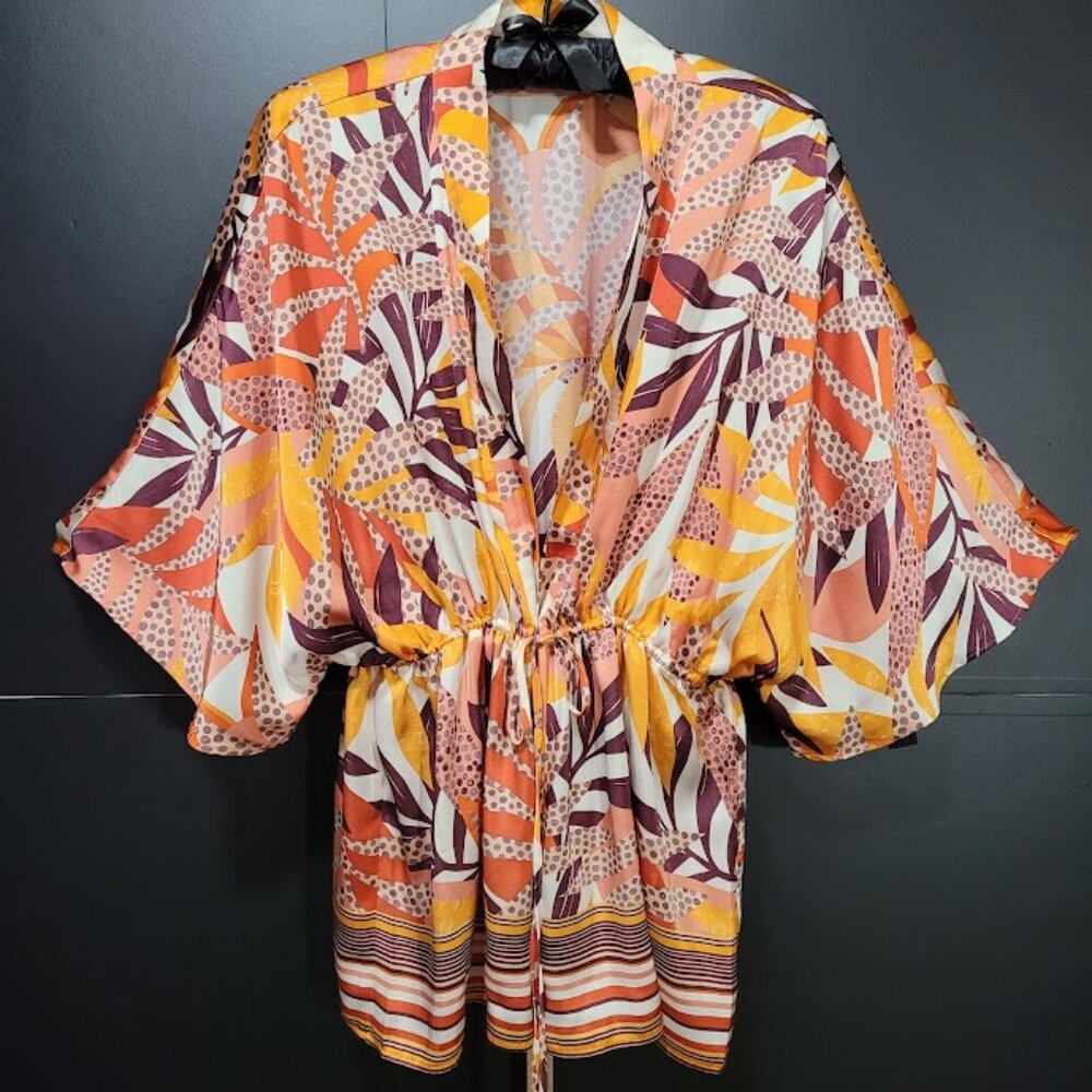 DR2 BY DANIEL RAINN Satin Print Cover Up Ruana Kimono Size L/XL Tropical Flowy